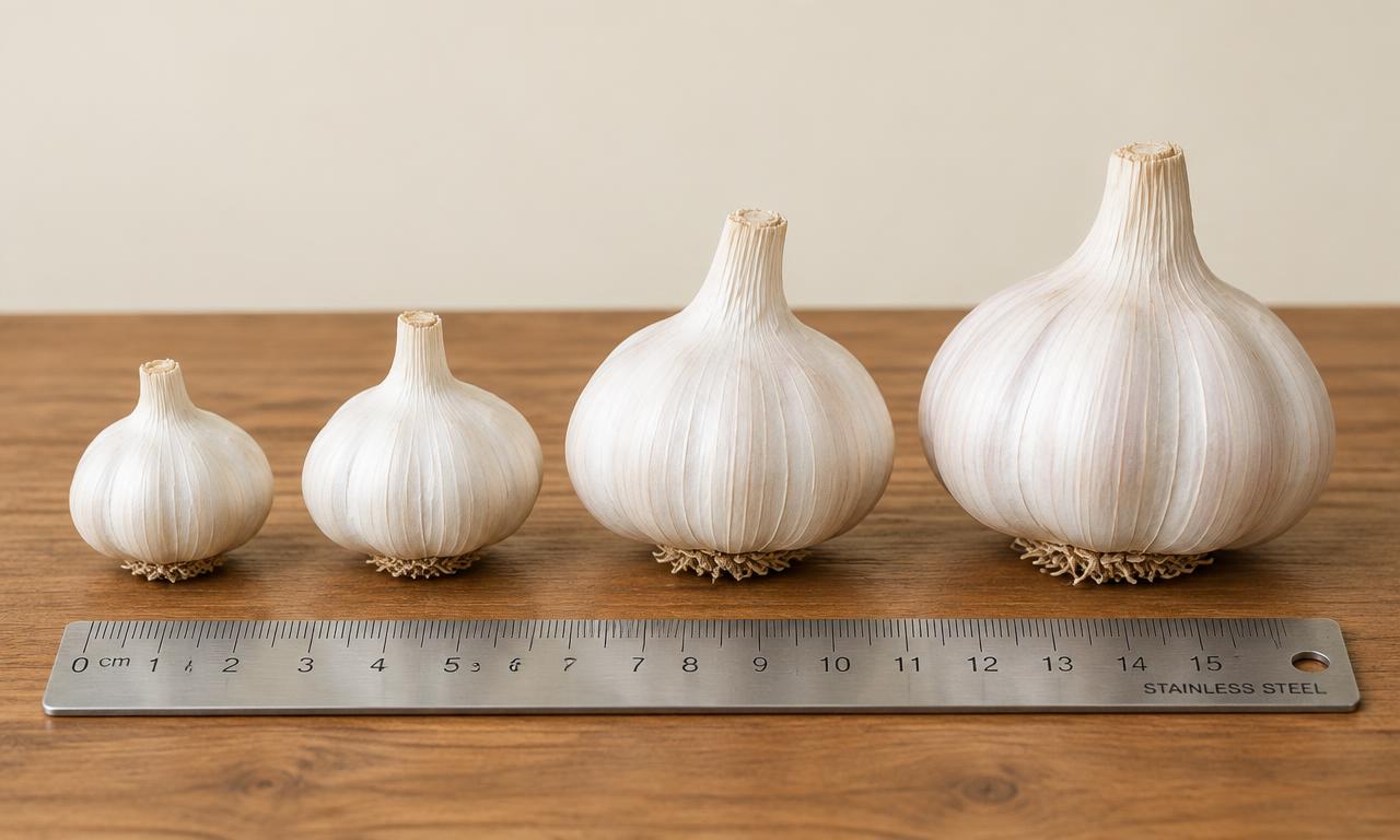 Garlic bulbs from small to large beside a ruler